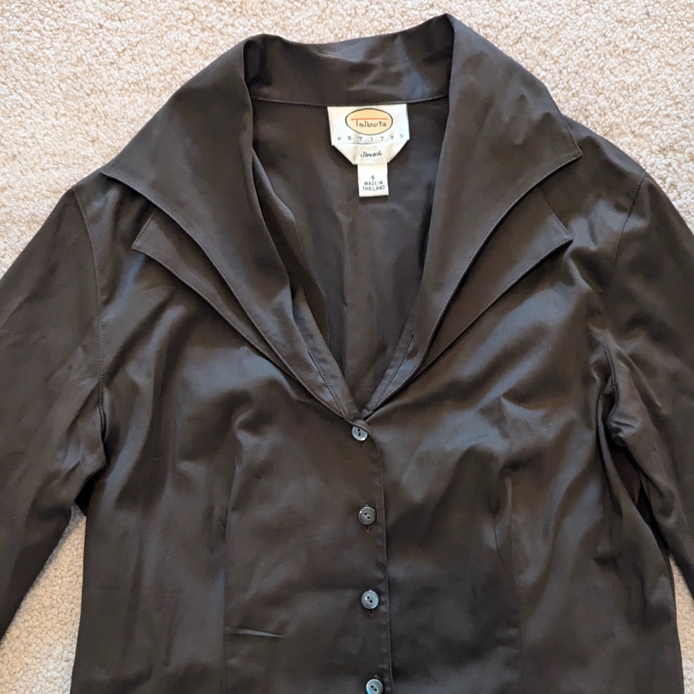 Vintage Y2K 90s Talbots Brown Cotton Stretch V Neck Button up top